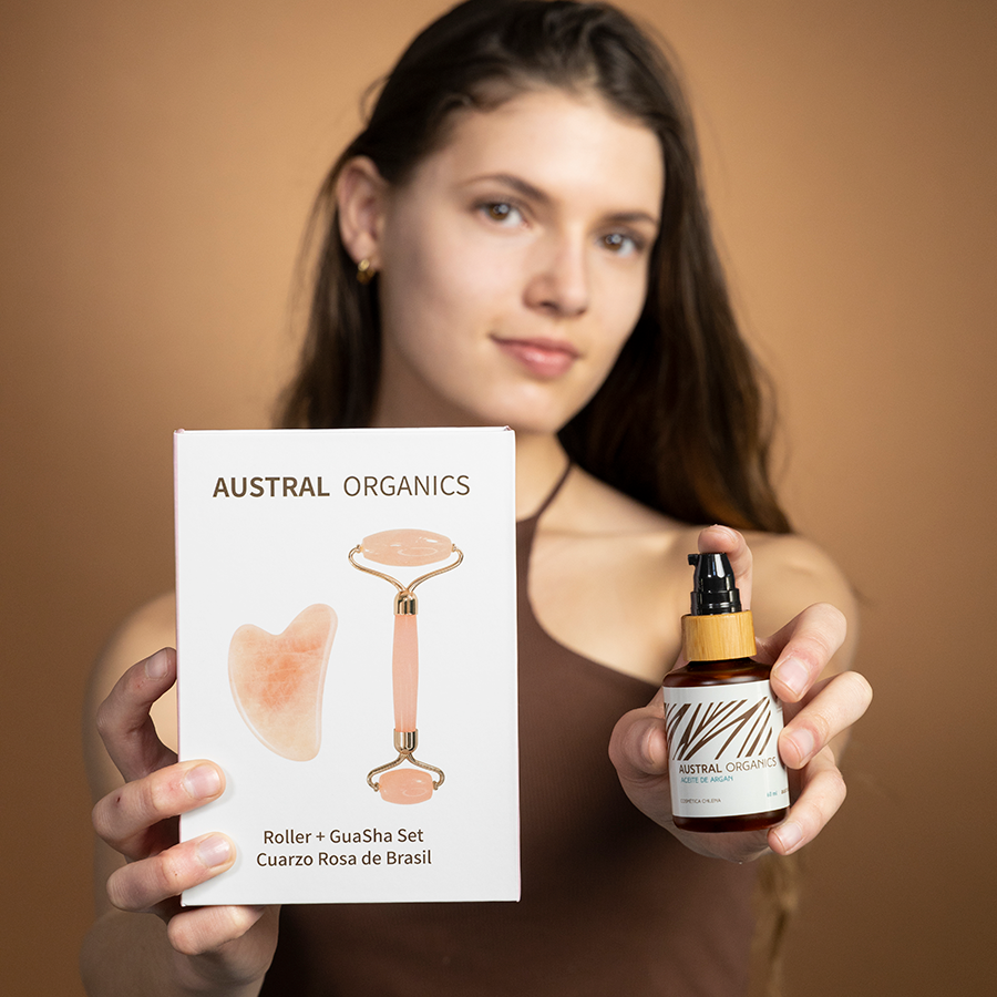 Roller Cuarzo Blanco + Gua Sha + Aceite Argan 60ml