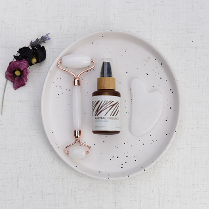 Roller Cuarzo Blanco + Gua Sha + Aceite Argan 60ml